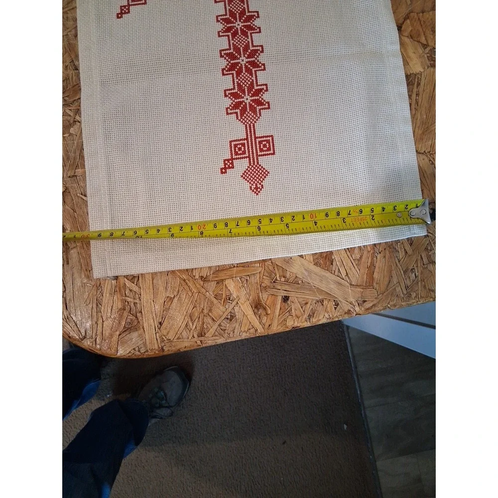 Vtg. Handmade Red and White Cross Stitch Snowflake Pattern Textile Table Runner